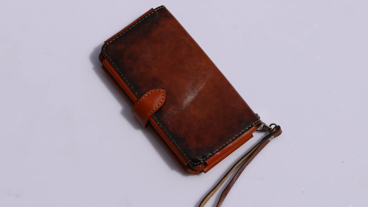 کیف پول کتی چرم دست دوز عسلی