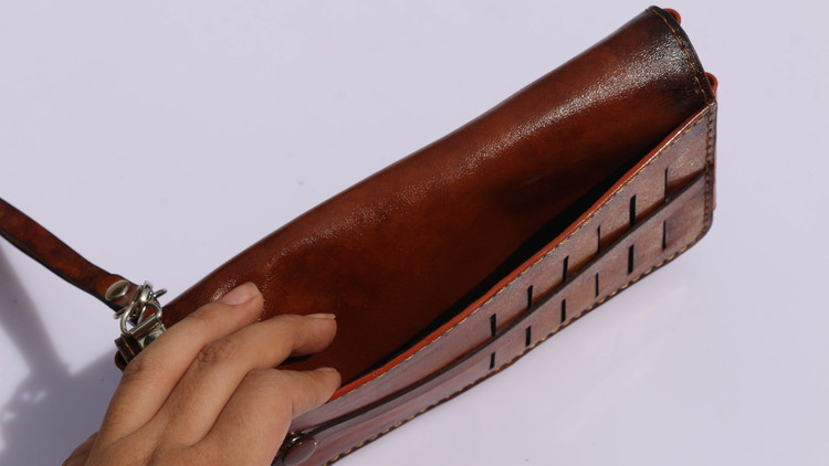 کیف پول کتی چرم دست دوز عسلی
